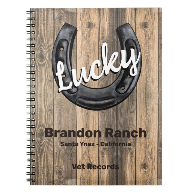 Lucky Horseshoe Rustic Wood Ranch Vet Records Notebook (Front)