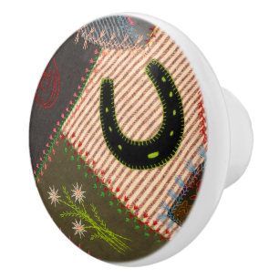 Lucky Horseshoe Vintage Patchwork Crazy Quilt Ceramic Knob