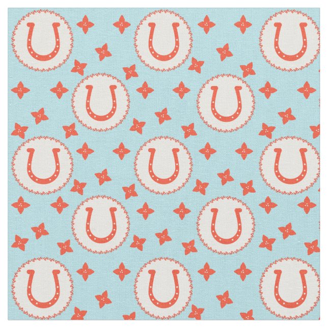 Lucky Horseshoes Pattern Light Blue and Orange Fabric (Close Up)