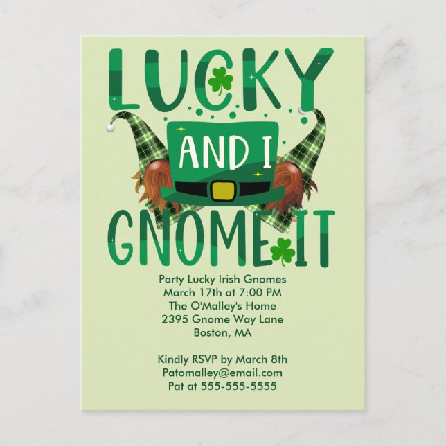 Lucky I Gnome It St Patricks Party Invite Postcard (Front)