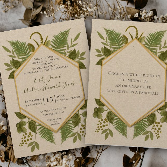 Lucky In Love 4 Leaf Clover Fern Geometric Wedding Invitation (Creator Uploaded)