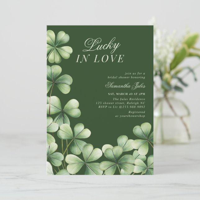 Lucky in Love Bridal Shower Green Shamrock  Invitation (Standing Front)