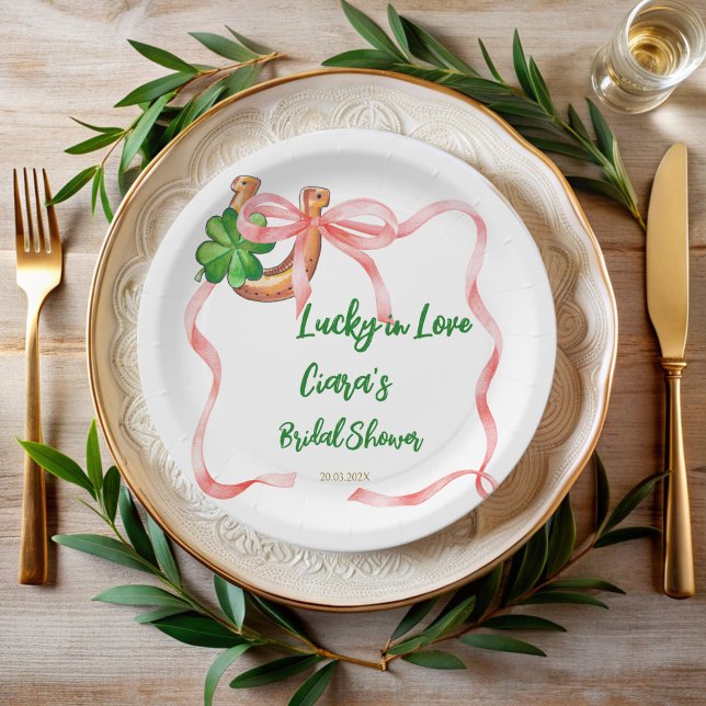Lucky in love clover leaf bow ribbon bridal shower paper plate (Lucky in love clover leaf bow ribbon St Patrick day bridal shower personalized printed paper plates)