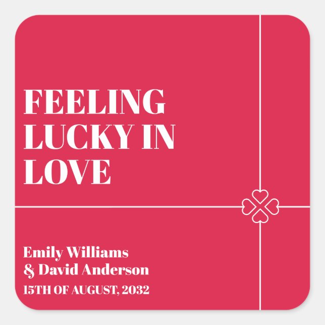 Lucky in Love Crimson Red Four Leaf Wedding Square Sticker (Front)