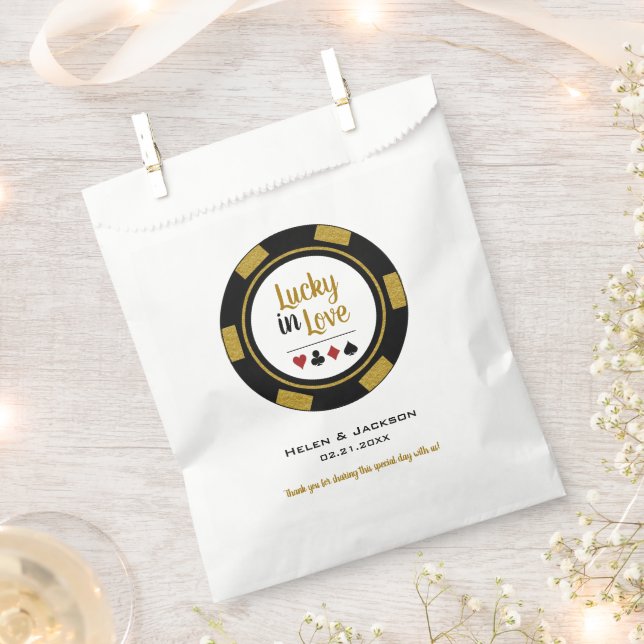 Lucky In Love Gold Black White Poker Chip Wedding Favour Bags (Clipped)