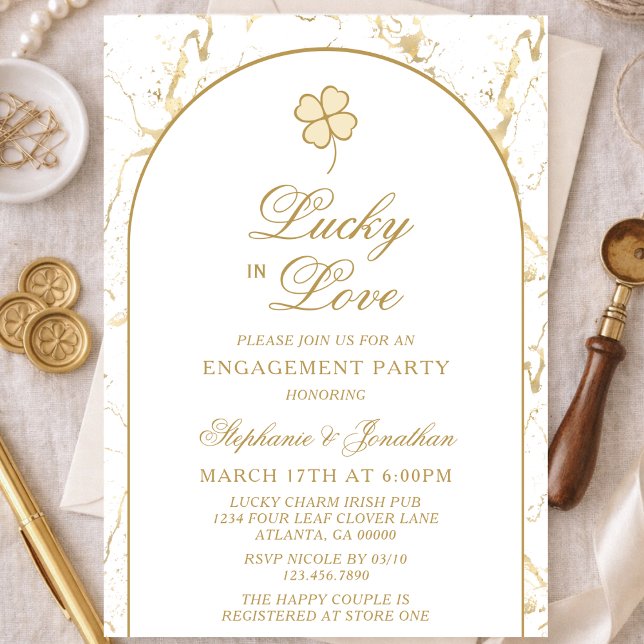 Lucky in Love Gold Shamrock Engagement Party Invitation (Creator Uploaded)