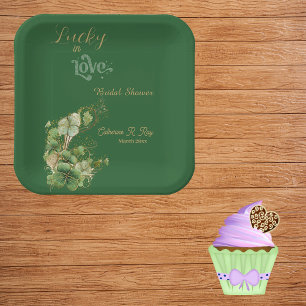  Lucky in Love Gold Shimmer Shamrock Bridal Shower Paper Plate