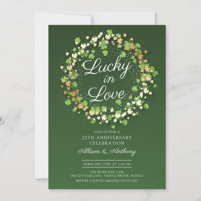 Lucky in Love Golden Shamrocks Anniversary Party Invitation (Front)
