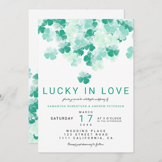 Lucky in love green clover St Patrick chic wedding Invitation (Front/Back)