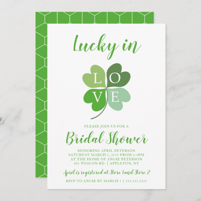 Lucky In Love Green Heart Shamrock Bridal Shower Invitation (Front/Back)