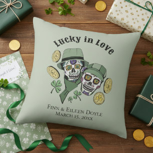 Lucky In Love Green Irish Sugar Skulls Newlywed Cushion