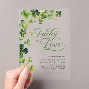 Lucky in Love Green Shamrock Bridal Shower Acrylic Invitations