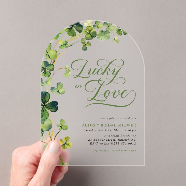 Lucky in Love Green Shamrock Bridal Shower Acrylic Invitations (Insitu (Handheld))