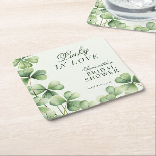 Lucky in Love Green Shamrock Bridal Shower  Square Paper Coaster