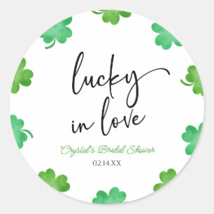 Lucky In Love Green Shamrock Clovers Bridal Shower Classic Round Sticker