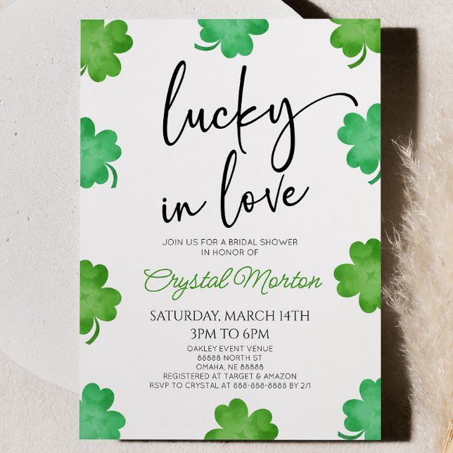 Lucky In Love Green Shamrock Clovers Bridal Shower Invitation (Creator Uploaded)