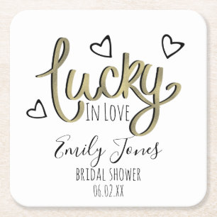 Lucky in Love Hearts Bridal Shower Square Paper Coaster