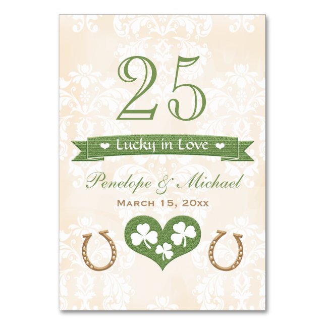 Lucky in Love Horseshoe Shamrock Wedding Number Table Number (Front)