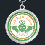 Lucky in Love Irish Claddagh Wedding Anniversary Silver Plated Necklace<br><div class="desc">Irish green,  orange,  and white "Lucky in Love" Claddagh St. Patrick's Day or Irish wedding or anniversary personalised pendant and necklace. The bride and groom's initials and the wedding date can be personalised.</div>