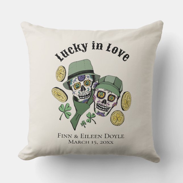 Lucky In Love Irish Sugar Skulls Newlywed Cushion (Front)