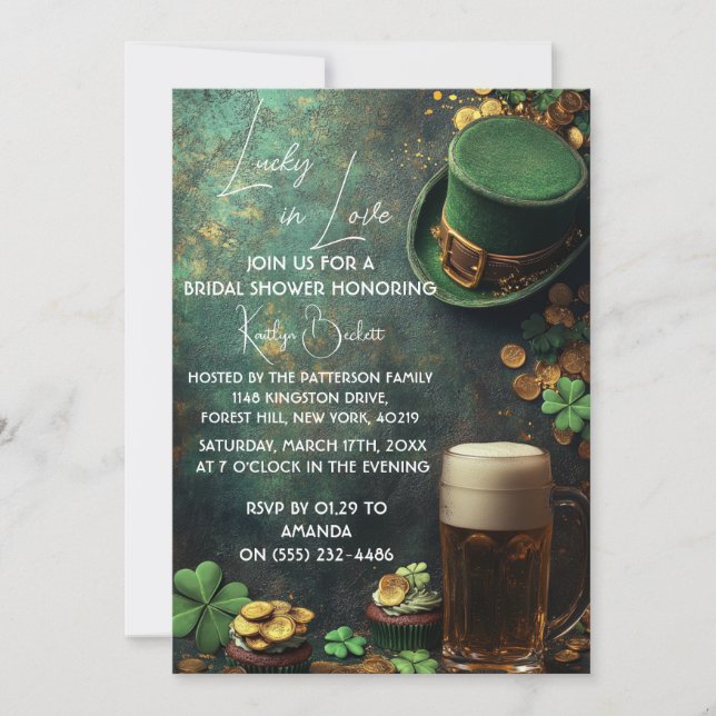Lucky in love Leprechaun and beer green bridal Invitation (Front)