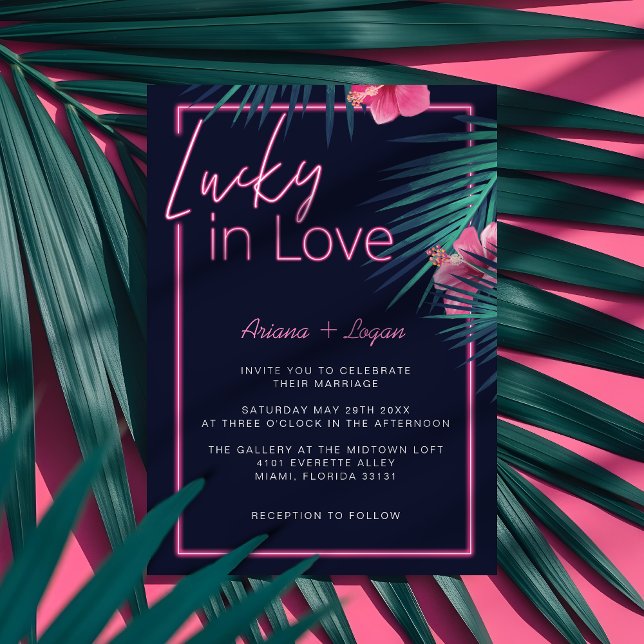 Lucky In Love Neon Pink Tropical Retro Wedding Invitation (Lucky In Love Neon Pink Tropical Retro Wedding Invitation)