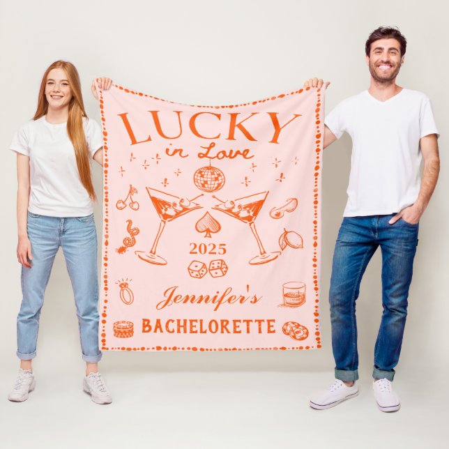 Lucky in Love Orange Cocktail Bachelorette Party Fleece Blanket (In Situ)