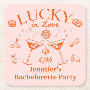 Lucky In Love Orange Cocktail Bachelorette Square Paper Coaster
