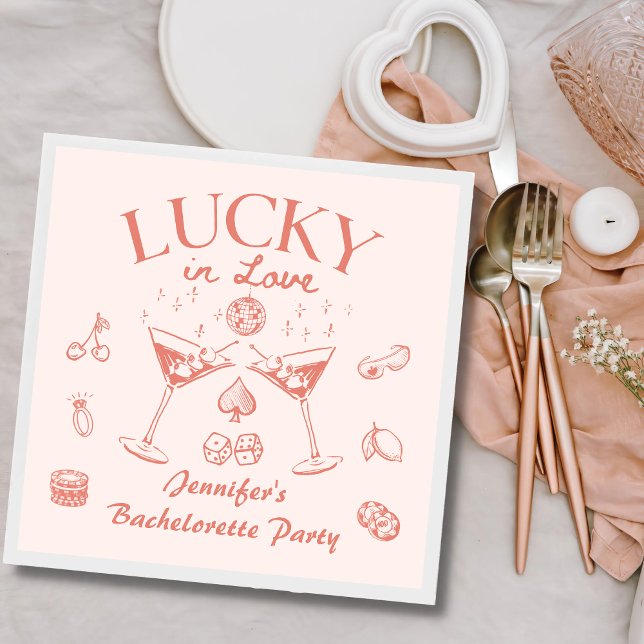 Lucky In Love Peach Cocktails Bachelorette Party Napkin (Creator Uploaded)