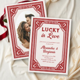 Lucky in Love Red Americana Photo Engagement Party Invitation