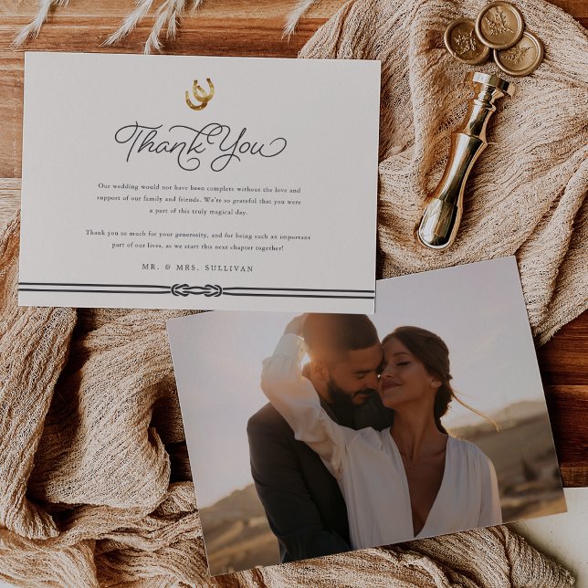 Lucky in Love | Rustic Horseshoes Wedding Photo Thank You Card (Creator Uploaded)