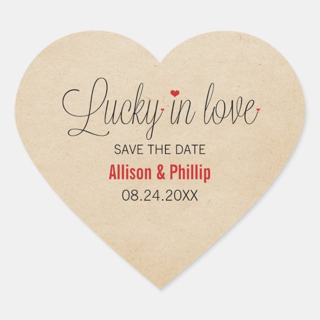 Lucky in Love Save the Date Stickers, Red Heart Sticker (Front)