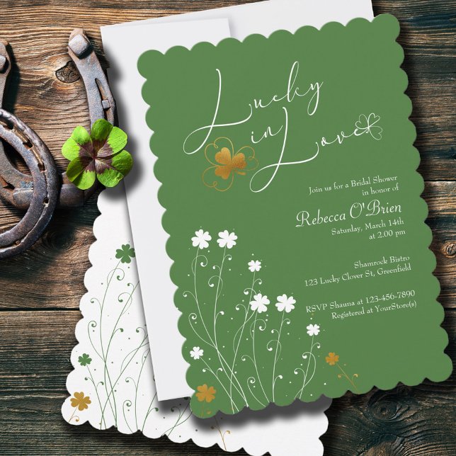 Lucky in Love Shamrock Green Gold Bridal Shower Invitation (Creator Uploaded)