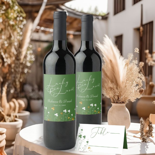 Lucky in Love Shamrock Wildflower Irish Wedding Wine Label (Wedding Wine Bottle Labels from my Shamrock Wildflower Collection)