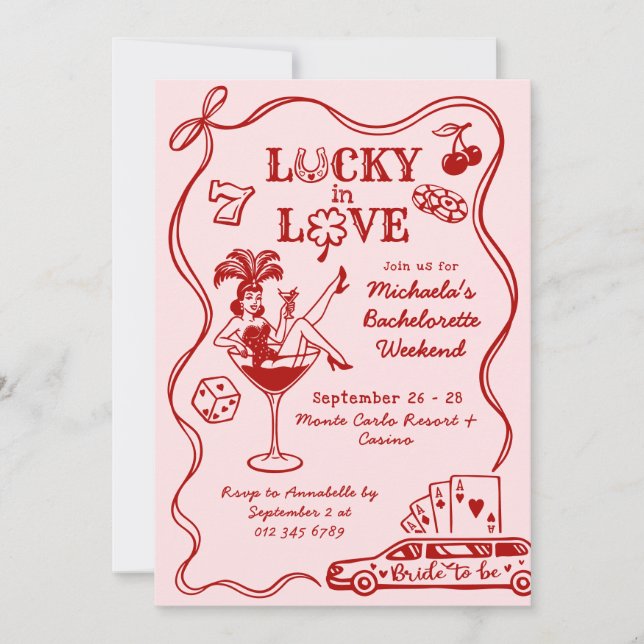 Lucky In Love Vegas Bachelorette Weekend Doodles Invitation (Front)