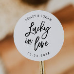 Lucky In Love Wedding Lottery Favour  Classic Round Sticker<br><div class="desc">Lucky In Love Wedding Lottery Favour Stickers</div>