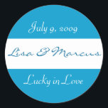 "Lucky in Love" Wedding Sticker<br><div class="desc">Great for wedding favours: Use a glassine envelope and enclose a $1 lotto ticket along with a penny that has the year you're getting married. Just change the names & the date and you'll be set!</div>