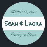 "Lucky in Love" Wedding Sticker<br><div class="desc">Great for wedding favours: Use a glassine envelope and enclose a $1 lotto ticket along with a penny that has the year you're getting married. Just change the names & the date and you'll be set!</div>