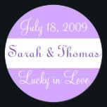 "Lucky in Love" Wedding Sticker<br><div class="desc">Great for wedding favours: Use a glassine envelope and enclose a $1 lotto ticket along with a penny that has the year you're getting married. Just change the names & the date and you'll be set!</div>