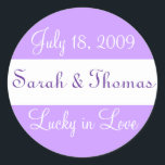 "Lucky in Love" Wedding Sticker<br><div class="desc">Great for wedding favours: Use a glassine envelope and enclose a $1 lotto ticket along with a penny that has the year you're getting married. Just change the names & the date and you'll be set!</div>
