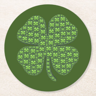 Lucky Irish Clover Dark Green Round Paper Coaster