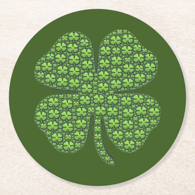 Lucky Irish Clover Dark Green Round Paper Coaster (Front)