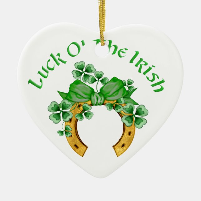 Lucky Irish Horseshoe and Shamrocks Ceramic Tree Decoration (Front)