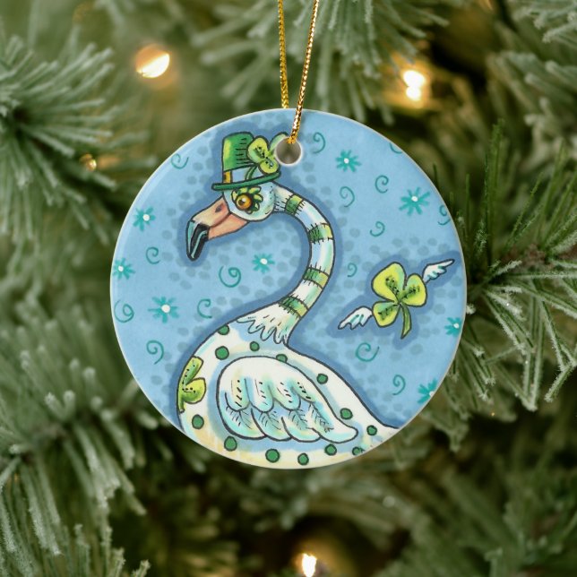 LUCKY IRISH POLKA DOT FLAMINGO, FUNNY BIRD 2021 CERAMIC TREE DECORATION (Tree)