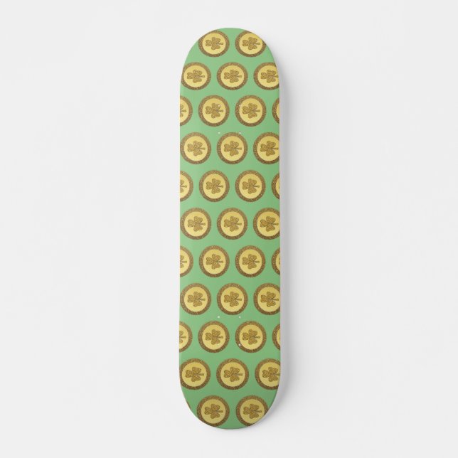 Lucky Irish Shamrock Gold Coin Patterned Skateboard (Front)