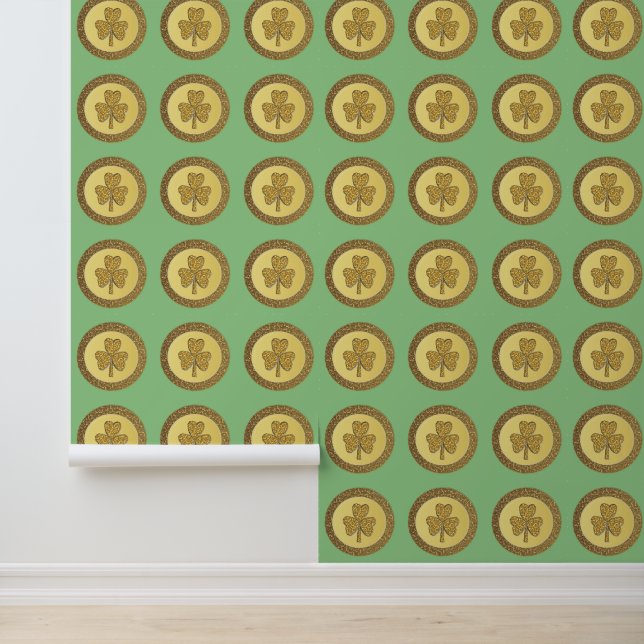 Lucky Irish Shamrock Gold Coin Patterned Wallpaper (Application)