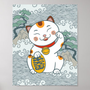 Lucky Japanese Calico Cat Maneki Neko Left Paw P Poster