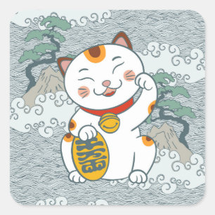 Lucky Japanese Calico Cat   Maneki Neko Left Paw Square Sticker