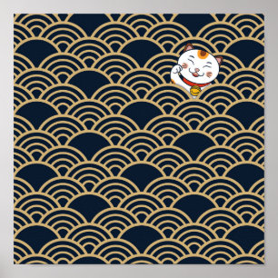 Lucky Japanese Calico Cat Maneki Neko Poster