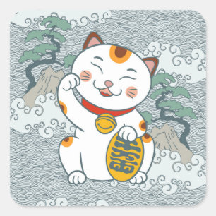 Lucky Japanese Calico Cat   Maneki Neko  Square Sticker